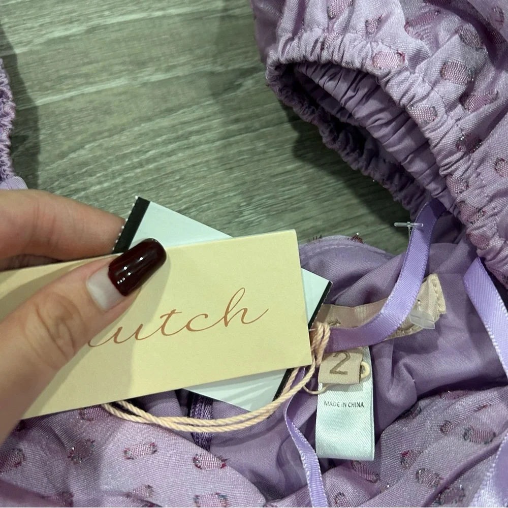 HUTCH x Anthropologie Wren Mini Dress Lilac Ruched Off the Shoulder Dress - Picture 8 of 12